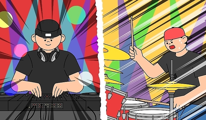 남자 예술 음악 연주 일러스트 친구 파티 소리 공연 분위기 DJ 드럼 리듬 국내일러스트 AI파일 컨셉 관계 문화예술 타악기 사람 이벤트 파일형식 벡터