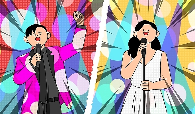 여자 남자 음악 일러스트 노래 공연 무대 마이크 예능 오디션 국내일러스트 AI파일 음향기기 문화예술 사람 이벤트 파일형식 벡터