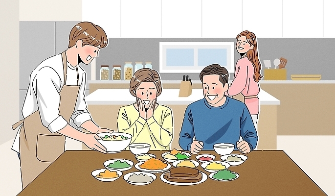 여자 남자 행복 음식 일러스트 가족 탁자 함께함 대화 요리 주방 식사 놀람 기쁨 어버이날 서빙 효도 국내일러스트 AI파일 기념일 감정 가구 컨셉 관계 표정 말하기 사람 파일형식 벡터