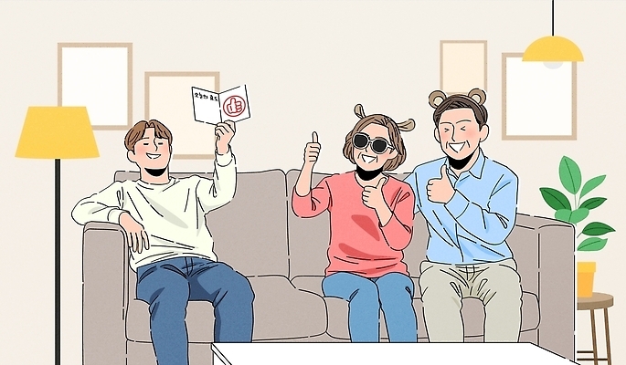 여자 남자 거실 일러스트 실내 웃음 소파 엄지손가락 편안함 어버이날 효도 국내일러스트 AI파일 기념일 컨셉 의자 손가락 표정 사람 내부 감각 파일형식 벡터