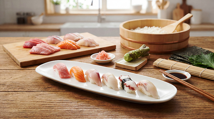 JPG 편집이미지 재료 밥 주방용품 주류 어류 요리 주방 식사 초밥 생선회 회 준비 간장 나무탁자 편집실사 AI포토 AI콘텐츠 음료 음식 생활용품 탁자 수중동물 양념 CG 일본음식 파일형식