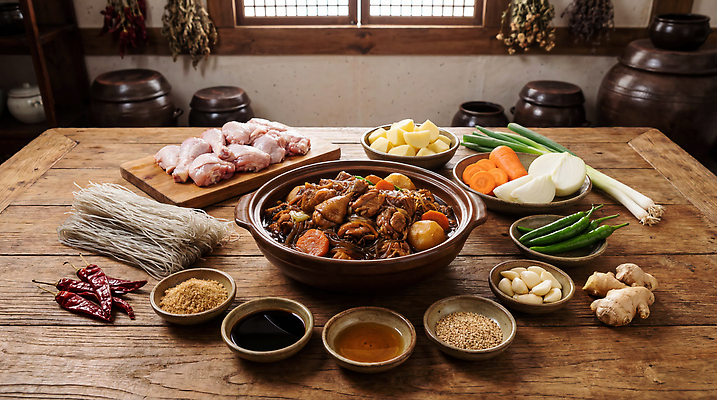 JPG 편집이미지 전통 채소 재료 가족 탁자 한국 마늘 육류 요리 주방 양념 된장 준비 생강 찜닭 편집실사 AI포토 AI콘텐츠 아시아 가구 식재료 관계 CG 닭고기요리 파일형식