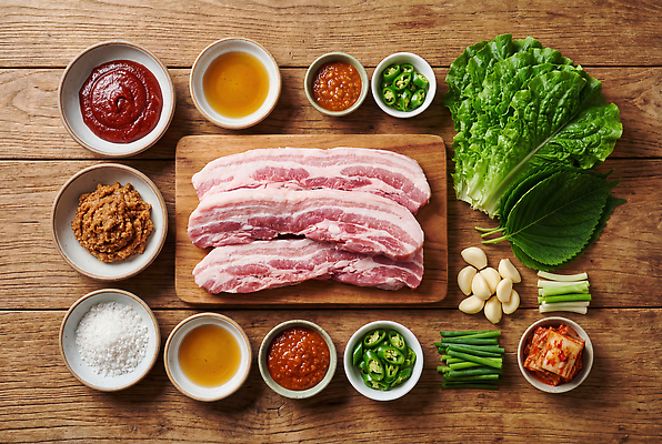 JPG 편집이미지 한식 재료 탁자 양파 김치 마늘 육류 요리 식사 양념 삼겹살 삼겹살데이 쌈채소 편집실사 AI포토 AI콘텐츠 음식 가구 채소 식재료 데이이벤트 돼지고기 CG 파일형식