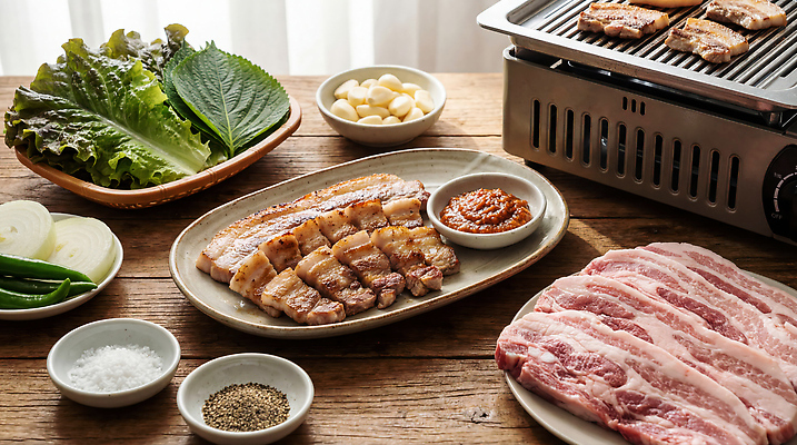 JPG 편집이미지 채소 식탁 한국 육류 식사 양념 맛 그릴 상추 바비큐 준비 삼겹살 고기구이 삼겹살데이 편집실사 AI포토 AI콘텐츠 아시아 음식 컨셉 식재료 데이이벤트 탁자 주방용품 돼지고기 구이 CG 파일형식