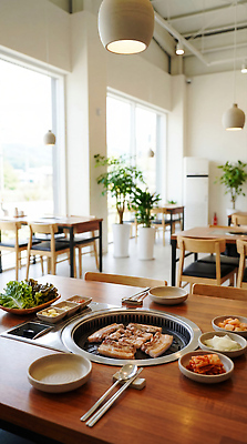 JPG 식물 편집이미지 한식 식탁 탁자 반찬 육류 요리 식당 구이 삼겹살 삼겹살데이 편집실사 AI포토 AI콘텐츠 음식 가구 식재료 데이이벤트 돼지고기 상점 CG 파일형식