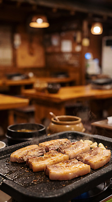 JPG 편집이미지 한식 음식 탁자 실내 육류 요리 식당 연기 굽기 삼겹살 삼겹살데이 편집실사 AI포토 AI콘텐츠 가구 식재료 데이이벤트 돼지고기 내부 상점 구이 CG 파일형식
