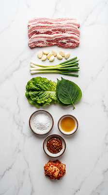 JPG 편집이미지 음식 채소 재료 김치 마늘 돼지고기 요리 고추장 상추 준비 삼겹살 소금 파 쑥갓 삼겹살데이 편집실사 AI포토 AI콘텐츠 한식 데이이벤트 육류 양념 CG 파일형식