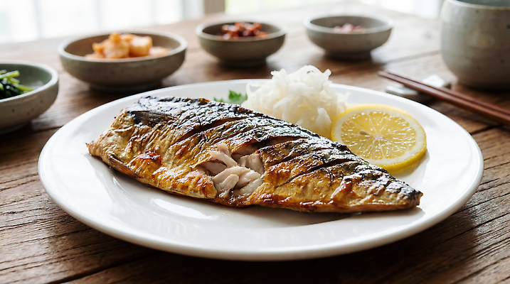 JPG 편집이미지 한식 음식 식탁 반찬 요리 일상 식사 맛 레몬 해산물 고등어 고등어구이 편집실사 AI포토 AI콘텐츠 컨셉 과일 탁자 어류 라이프 CG 생선구이 파일형식