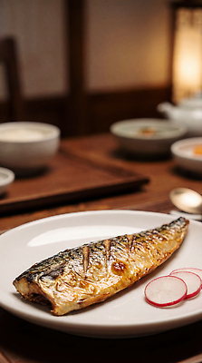 JPG 편집이미지 접시 한식 음식 젓가락 탁자 숟가락 식사 무 고등어 고등어구이 편집실사 AI포토 AI콘텐츠 식기 가구 뿌리채소 수저 어류 CG 생선구이 파일형식