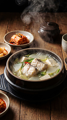 JPG 편집이미지 한식 식탁 반찬 김치 따뜻함 어류 요리 식사 맛 뚝배기 국물 대구탕 편집실사 AI포토 AI콘텐츠 음식 컨셉 탁자 수중동물 CG 탕 파일형식