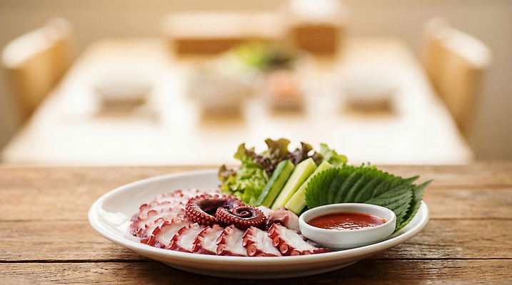 JPG 편집이미지 접시 한식 음식 채소 식탁 탁자 요리 식사 신선 맛 해산물 문어 문어숙회 편집실사 AI포토 AI콘텐츠 식기 가구 컨셉 연체동물 수중동물 CG 숙회 파일형식