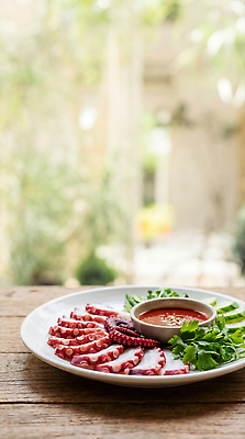 JPG 편집이미지 음식 채소 탁자 실내 요리 햇빛 식당 식사 맛 상차림 해산물 문어숙회 편집실사 AI포토 AI콘텐츠 가구 컨셉 내부 빛 상점 CG 숙회 파일형식