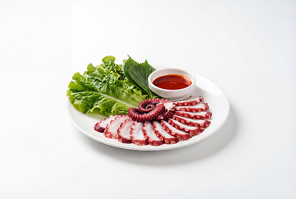 JPG 편집이미지 접시 한식 음식 신선 맛 상추 해산물 문어 쌈채소 초고추장 문어숙회 편집실사 AI포토 AI콘텐츠 식기 컨셉 채소 연체동물 수중동물 양념 CG 숙회 파일형식