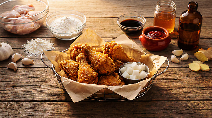 JPG 편집이미지 재료 식탁 패스트푸드 마늘 요리 바구니 치킨 튀김 흰색 양념 설탕 간장 밀가루 후추 생강 편집실사 AI포토 AI콘텐츠 음식 컬러 채소 탁자 인스턴트 가루 향신료 CG 닭고기요리 파일형식