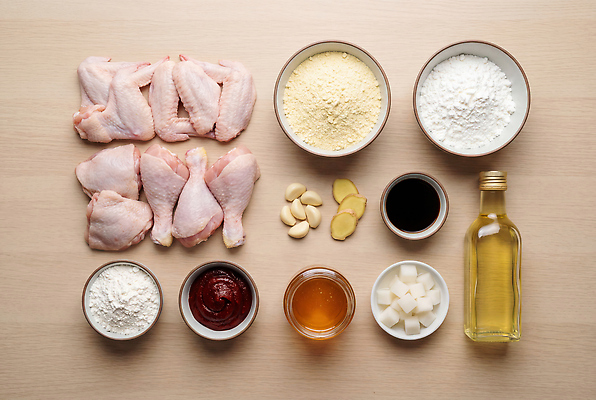 JPG 편집이미지 재료 양파 패스트푸드 마늘 요리 치킨 양념 설탕 간장 밀가루 닭다리 생강 편집실사 AI포토 AI콘텐츠 채소 인스턴트 가루 CG 닭고기요리 파일형식