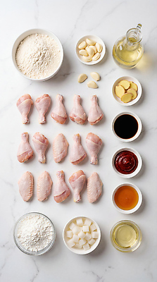 JPG 편집이미지 재료 탁자 패스트푸드 마늘 요리 주방 치킨 양념 식용유 설탕 준비 간장 밀가루 닭다리 생강 편집실사 AI포토 AI콘텐츠 가구 채소 기름 인스턴트 가루 CG 닭고기요리 파일형식