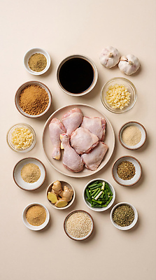 JPG 편집이미지 한식 식재료 재료 탁자 패스트푸드 마늘 요리 주방 치킨 닭고기 양념 준비 생강 대파 편집실사 AI포토 AI콘텐츠 음식 가구 채소 육류 인스턴트 CG 파 닭고기요리 파일형식