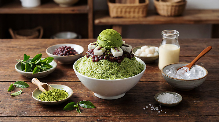 JPG 편집이미지 한식 과일 식재료 재료 디저트 여름 얼음 차가움 녹차 빙수 팥 나무탁자 녹차아이스크림 녹차빙수 편집실사 AI포토 AI콘텐츠 자연요소 계절 음식 탁자 아이스크림 차_음료 CG 파일형식