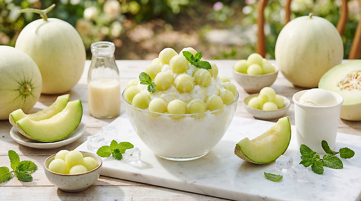 JPG 편집이미지 음식 과일 재료 디저트 여름 정원 얼음 달콤 차가움 시원함 멜론 민트 빙수 메론빵 편집실사 AI포토 AI콘텐츠 자연요소 계절 빵 맛 허브 CG 파일형식