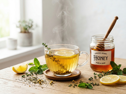 JPG 편집이미지 음료 재료 탁자 주방 식사 찻잔 레몬 허브 꿀 다과 따뜻한음료 꿀차 편집실사 AI포토 AI콘텐츠 식물 가구 과일 디저트 잔 차_음료 CG 파일형식