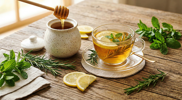 JPG 편집이미지 음료 재료 잔 레몬 허브 꿀 나무탁자 따뜻한음료 꿀차 편집실사 AI포토 AI콘텐츠 식물 식기 과일 탁자 차_음료 CG 파일형식