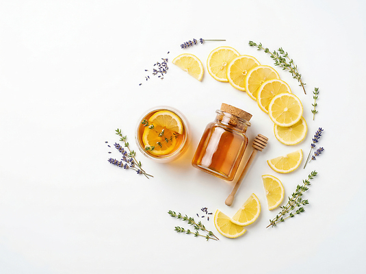 JPG 편집이미지 음식 재료 탁자 유리병 실내 요리 장식 레몬 허브 슬라이스 천연 꿀 꿀차 편집실사 AI포토 AI콘텐츠 식물 가구 과일 병_용기 내부 차_음료 CG 파일형식