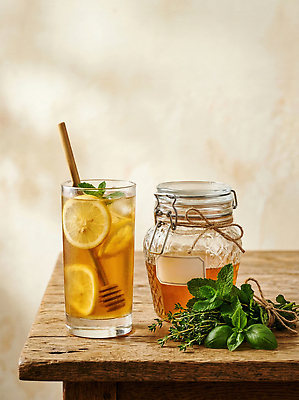 JPG 편집이미지 음료 유리병 여름 식사 레몬 민트 허브 꿀 나무탁자 백리향 베이스 꿀차 편집실사 AI포토 AI콘텐츠 식물 계절 과일 탁자 현악기 병_용기 차_음료 CG 파일형식