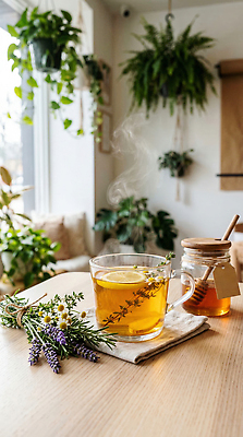 JPG 식물 편집이미지 꽃 음료 잎 탁자 실내 따뜻함 정원 차가움 레몬 허브 꿀 꿀차 편집실사 AI포토 AI콘텐츠 가구 과일 내부 차_음료 CG 파일형식