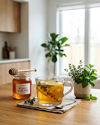 JPG 식물 편집이미지 음료 탁자 잔 따뜻함 통 주방 레몬 허브 꿀 꿀차 편집실사 AI포토 AI콘텐츠 식기 가구 과일 차_음료 CG 파일형식