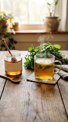 JPG 편집이미지 음료 탁자 유리병 요리 주방 식사 김 레몬 허브 꿀 다과 꿀차 편집실사 AI포토 AI콘텐츠 식물 가구 과일 병_용기 디저트 차_음료 해조류 CG 파일형식