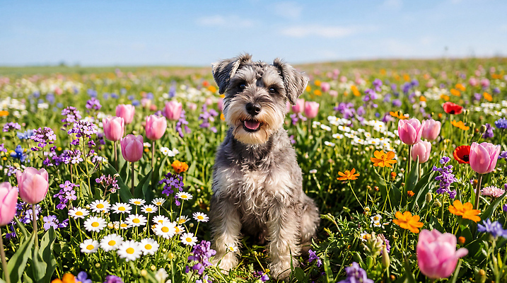 JPG 동물 편집이미지 꽃 꽃밭 자연 반려동물 봄 튤립 강아지 슈나우저 데이지 편집실사 AI포토 AI콘텐츠 식물 계절 개 CG 생태계 파일형식
