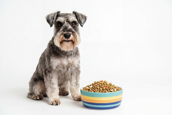 JPG 동물 편집이미지 그릇 반려견 앉기 반려동물 강아지 슈나우저 먹이 개사료 편집실사 AI포토 AI콘텐츠 식기 모션 개 CG 파일형식