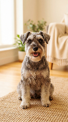 JPG 식물 동물 편집이미지 실내 앉기 반려동물 소파 햇빛 방 강아지 슈나우저 편집실사 AI포토 AI콘텐츠 의자 모션 내부 빛 개 CG 파일형식