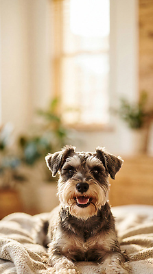 JPG 동물 편집이미지 행복 실내 웃음 반려동물 햇빛 귀여움 방 침대 강아지 슈나우저 편집실사 AI포토 AI콘텐츠 감정 가구 컨셉 표정 내부 빛 개 CG 파일형식