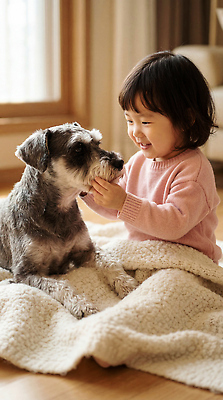 JPG 편집이미지 어린이 가족 실내 따뜻함 웃음 반려동물 귀여움 방 아기 강아지 슈나우저 즐거움 의료성형뷰티 편집실사 AI인물포토 AI콘텐츠 동물 감정 컨셉 관계 표정 사람 내부 개 CG 파일형식 AI포토