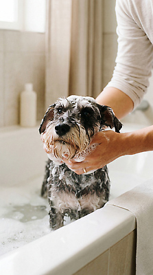 JPG 편집이미지 손 욕조 사람 물 반려동물 목욕 거품 강아지 슈나우저 비누거품 돌봄 의료성형뷰티 씻겨주기 편집실사 AI인물포토 AI콘텐츠 자연요소 동물 모션 신체부위 청결 개 CG 파일형식 AI포토