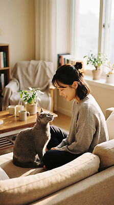 JPG 식물 동물 편집이미지 여자 대화 사랑 미소 일상 소파 고양이 편안함 러시안블루 오후 의료성형뷰티 편집실사 AI인물포토 AI콘텐츠 감정 의자 포유류 표정 말하기 사람 라이프 반려동물 감각 CG 파일형식 AI포토