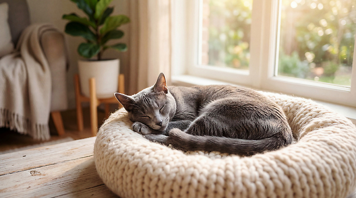 JPG 식물 동물 편집이미지 일상 생활 햇빛 고양이 침대 잠 포근함 편안함 창가 러시안블루 편집실사 AI포토 AI콘텐츠 가구 창문 포유류 라이프 빛 반려동물 감각 CG 파일형식