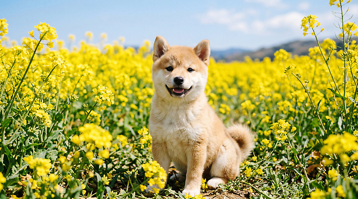 JPG 동물 편집이미지 꽃밭 자연 웃음 노란색 귀여움 봄 강아지 유채 시바견 편집실사 AI포토 AI콘텐츠 계절 꽃 컬러 컨셉 표정 반려동물 개 CG 생태계 파일형식