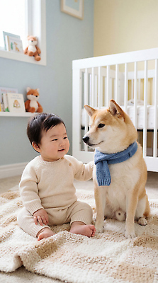 JPG 편집이미지 반려견 가족 놀이 미소 반려동물 우정 방 아기 분위기 편안함 스웨터 유아복 아이방 의료성형뷰티 시바견 상호작용 편집실사 AI인물포토 AI콘텐츠 동물 옷 컨셉 상의 관계 표정 사람 친구 아기용품 감각 개 CG 파일형식 AI포토