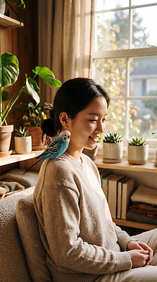 JPG 식물 동물 편집이미지 여자 일상 햇빛 카페 방 편안함 창가 어깨 앵무새 의료성형뷰티 편집실사 AI인물포토 AI콘텐츠 창문 조류 사람 라이프 신체부위 빛 상점 감각 CG 파일형식 AI포토