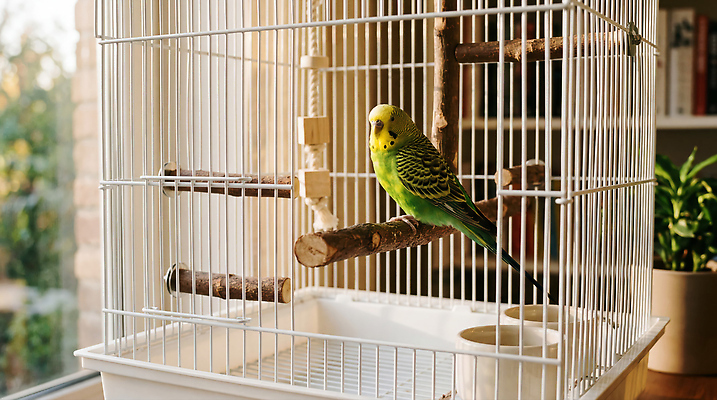 JPG 동물 편집이미지 조류 주택 생활 반려동물 햇빛 방 나뭇가지 관찰 앵무새 새장 보금자리 잉꼬 편집실사 AI포토 AI콘텐츠 나무 모션 건물 빛 CG 케이지 파일형식