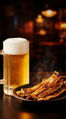 JPG 편집이미지 음식 맥주 생맥주 요리 식사 바 저녁 안주 오징어 주막 편집실사 AI포토 AI콘텐츠 연체동물 주류 수중동물 밤 야간 CG 파일형식