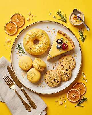 JPG 편집이미지 접시 음식 과일 디저트 귤 요리 노란색 쿠키 케이크 식사 도넛 오브젝트 마카롱 크렘브륄레 편집실사 AI포토 AI콘텐츠 황치즈 식기 컬러 치즈 CG 파일형식