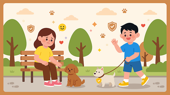 나무 동물 공원 여자 감정 어린이 벤치 일러스트 가족 자연 웃음 친구 산책 슬픔 개 강아지 소통 국내일러스트 AI파일 식물 공공시설 컨셉 의자 포유류 관계 휴식 표정 사람 반려동물 생태계 파일형식 벡터