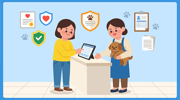 동물 여자 일러스트 병원 관리 치료 반려동물 정보 강아지 고객 상담 예방 문서 방문 동물보호 보호자 수의사 체크리스트 동물보험 국내일러스트 AI파일 의학 사람 의사 개 사회이슈 보험 파일형식 벡터