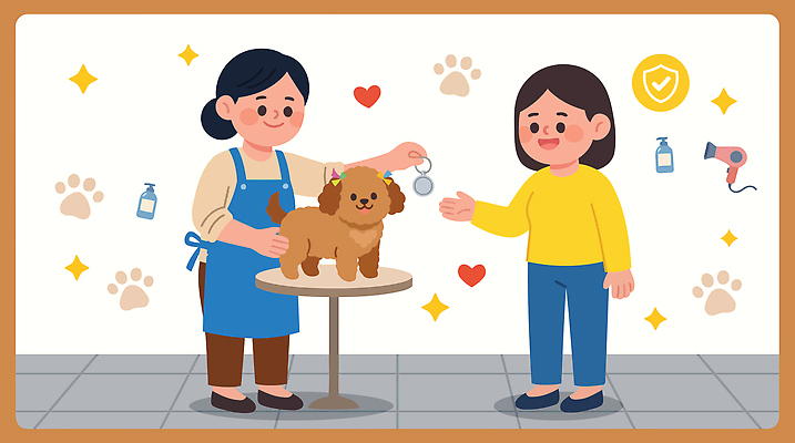 동물 여자 반려견 일러스트 탁자 털 웃음 반려동물 뷰티 귀여움 도구 강아지 미용사 서비스 손질 주인 애견미용 국내일러스트 AI파일 직업 가구 컨셉 표정 사람 개 파일형식 벡터