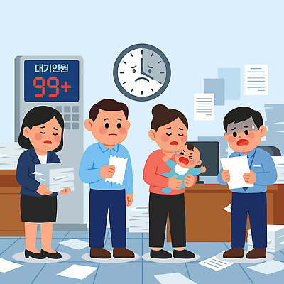 일러스트 의학 가족 스트레스 사람 치료 아기 대기 울음 불안 스마트 직원 걱정 문서 압박 대기실 민원상담실 복잡 의사소통 민원 국내일러스트 AI파일 감정 컨셉 관계 표정 공간 요청 신고 파일형식 벡터