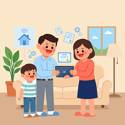 어린이 거실 일러스트 가족 주택 실내 이야기 대화 부모 소파 태블릿 디지털 정보 상패 스마트 소통 민원상담실 민원 국내일러스트 AI파일 컨셉 의자 관계 말하기 사람 내부 건물 전자제품 스마트기기 상_우승 요청 신고 파일형식 벡터