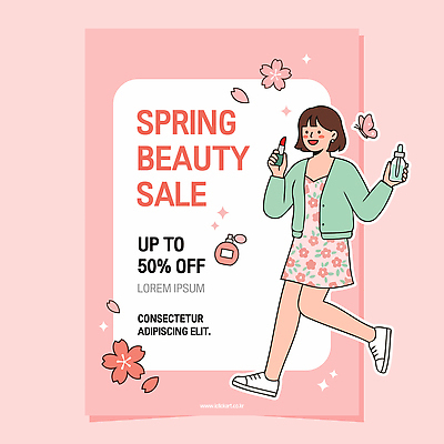 여자 꽃 포스터 컬러 일러스트 이벤트 쇼핑 뷰티 세일 봄 화장품 고객 알림 마케팅 뷰티풀 국내일러스트 AI파일 식물 계절 사람 파일형식 벡터